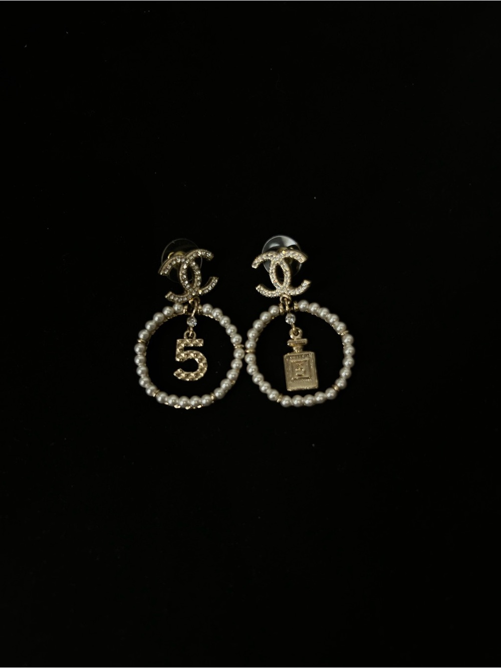 CHANEL Gold-Tone Pearl Hoop Earrings with CC Logo and Charms